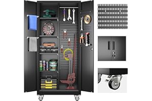 Reemoon Broom Closet Storage Cabinet with Wheels and Pegboard,Metal Garage Storage Cabinet with Doors and Adjustable Shelves for Garage Home,Required Assembly,Black
