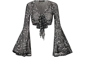For G and PL Women Tie Front Bell Sleeve Rave Crop Tops Floral Print Hippie Mesh Sheer Shirt