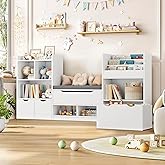 FOTOSOK 72” Kids Bookshelf with Reading Nook, Large Toy Storage Organizer with Seat Cushion and 3 Movable Drawers, Kids Reading Nook Toy Organizers and Storage with Bench for Living Room, White