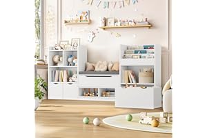 FOTOSOK 72” Kids Bookshelf with Reading Nook, Large Toy Storage Organizer with Seat Cushion and 3 Movable Drawers, Kids Reading Nook Toy Organizers and Storage with Bench for Living Room, White