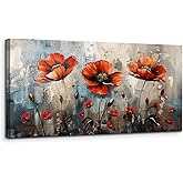 SERIMINO Large Wall Art for Living Room, Nature Floral Botanical Canvas Prints, Red Flowers Pictures Wall Decor, Wildflower Modern Home Decor Bathroom Dining Room Kitchen Paintings 20"X40"