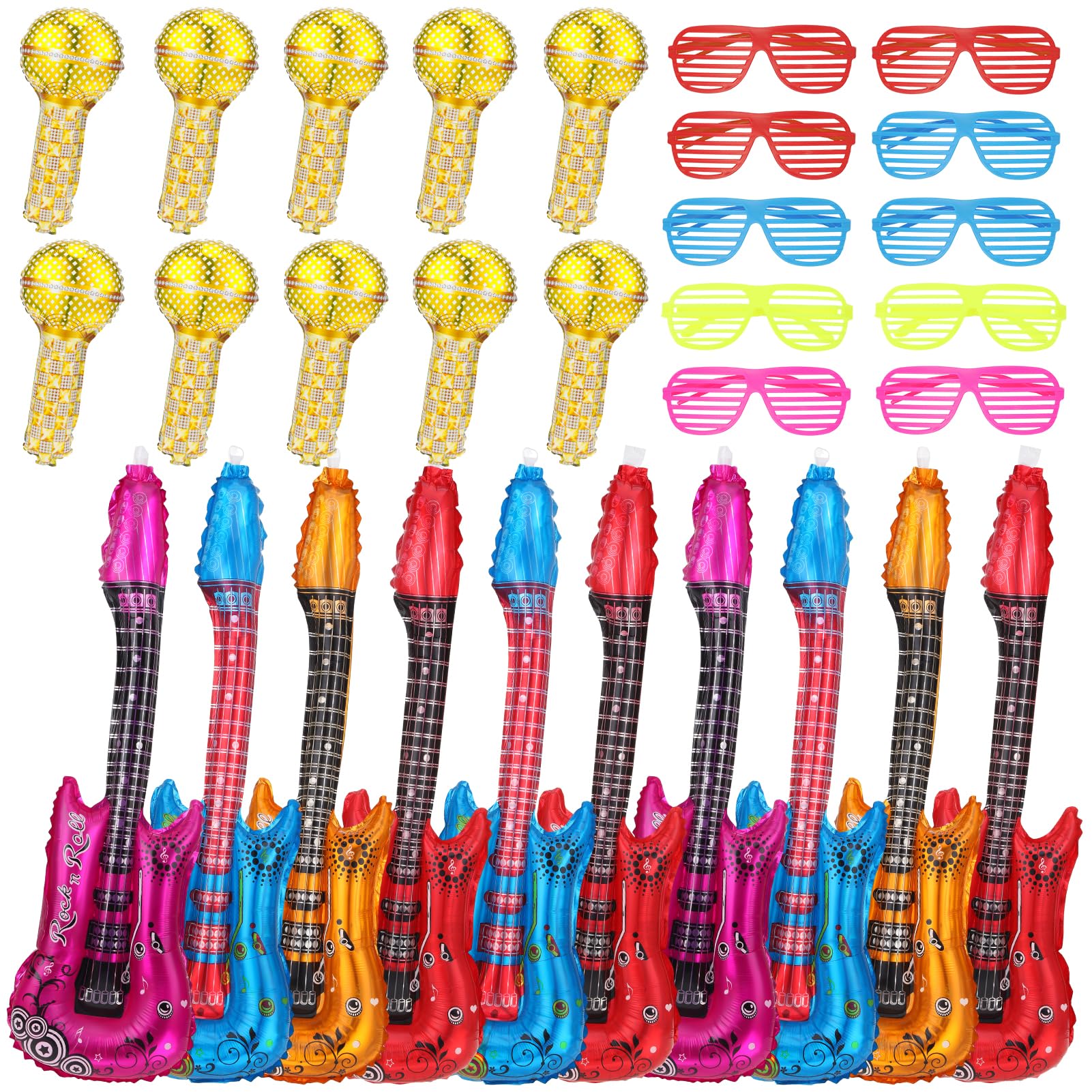saerryor 30 Pcs Inflatable Guitar, Inflatable Microphone, Inflatable Party Props, Party Decoration Balloon with Colored Glasses, Party Props for Kids Adults Party Decoration