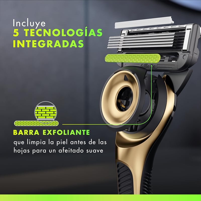 Navalha Labs Champion Gold Edition com recargas, 1 pega com barra esfoliante integrada, 3 lâminas com banda lubrificante, 1 suporte magnético
