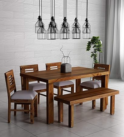 Hariom Handicraft Kendalwood Furniture Sheesham Wood Rustic Teak Dining Table 6 Seater 4 Chair And 2 Seater Bench With Cushions Dining Set Amazon In Home Kitchen
