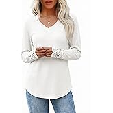 AGSEEM Women's Casual V Neck Long Sleeve Waffle Knit Textured Lace Hollow Out Shirts Curve Hem Loose Tunic Tops Blouses
