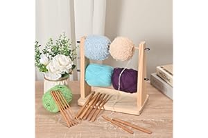 Sparkle Race Wooden Crochet Yarn Holder, Double Revolving Yarn Storage for Crochet Yarn Ball Knitting & Crochet Supplies, Horizontal Wood Yarn Ball Holder with 12 Bamboo Crochet Hooks