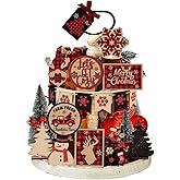 Funnymoom 17 Pcs Christmas Tiered Tray Decor Set Winter Tiered Tray Decorations Red and Black Buffalo Plaid Block Wooden Signs Farmhouse Christmas Table Centerpiece for Rustic Home Shelf Gift