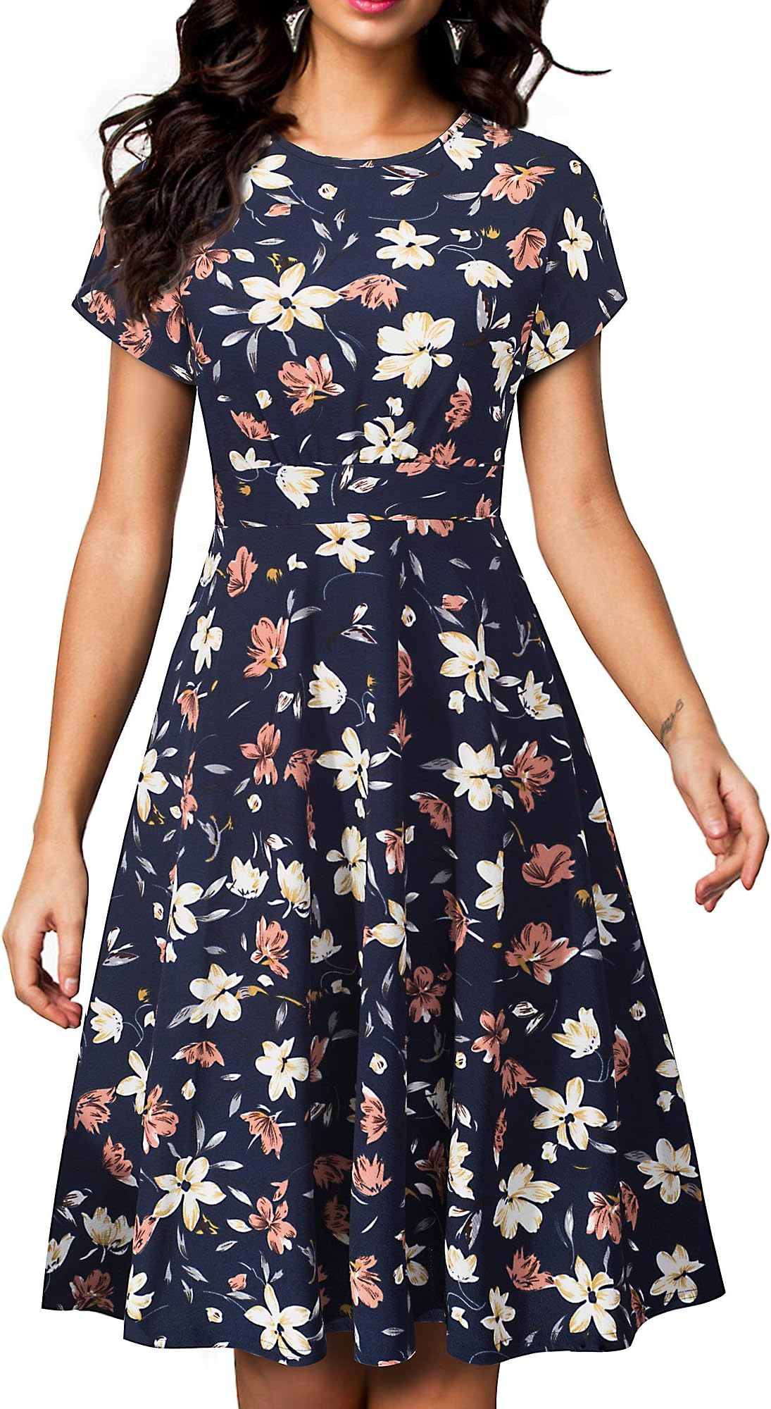 HOMEYEEWomen's Short Sleeve Floral Casual Aline Midi Dress A102(4,Dark Blue+Floral#2)