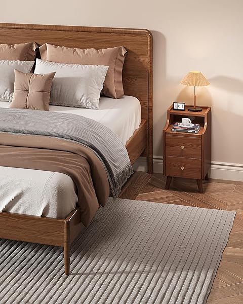 NARROW NIGHTSTAND WITH DRAWERS, 11.8″ SLIM SOLID WOOD BEDSIDE TABLE WITH OPEN SHELF & CABLE HOLE, MODERN STORAGE CABINET FOR SMALL SPACES, SIDE TABLE FOR BEDROOM & STUDY, WALNUT