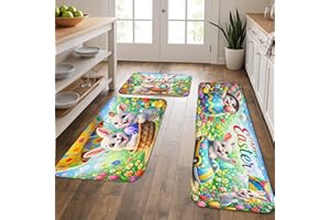 Easter Bunny Kitchen Mats for Floor, Colorful Floral Cute Mats, Spring Cushioned Comfort Washable Non Slip Decor Rugs for Kit