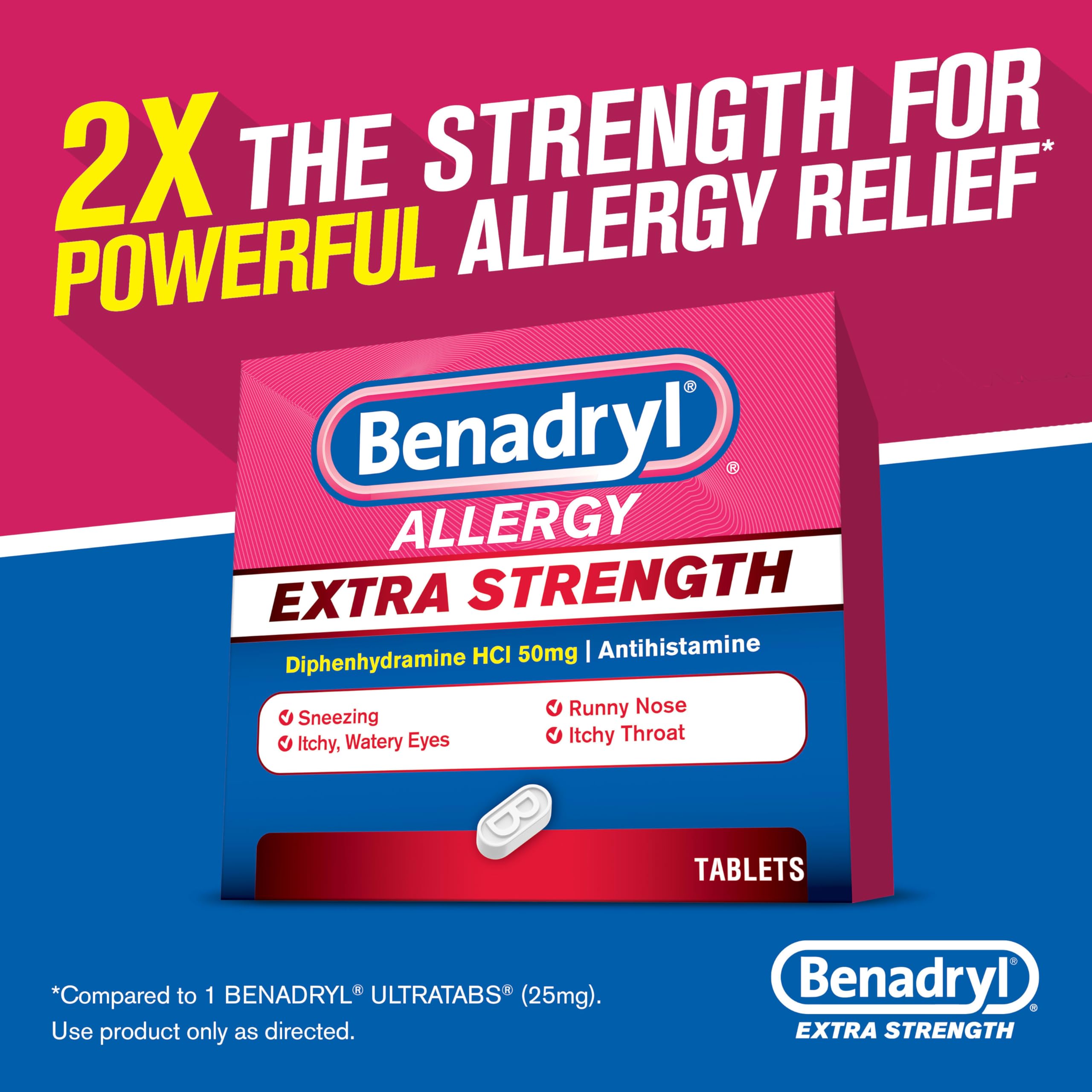 Benadryl Extra Strength Allergy Relief Medicine, 50 mg Diphenhydramine HCl Antihistamine Tablets for Relief of Allergy Symptoms Due to Hay Fever or Other Upper Respiratory Allergies, 24 ct