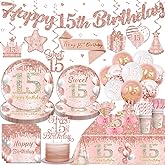 cocomigo 181pcs 15th Birthday Decorations for Girls, Serves 25 Guests, 15 birthday decorations for girls, include Banner, Hanging Swirls, Sash, Cake Topper, Balloons, Plates, Napkins, Tablecloths, etc