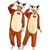 dressfan Unisex Adults Reindeer Onesie Pajamas Christmas Xmas Pajamas Halloween Costume for Women Men