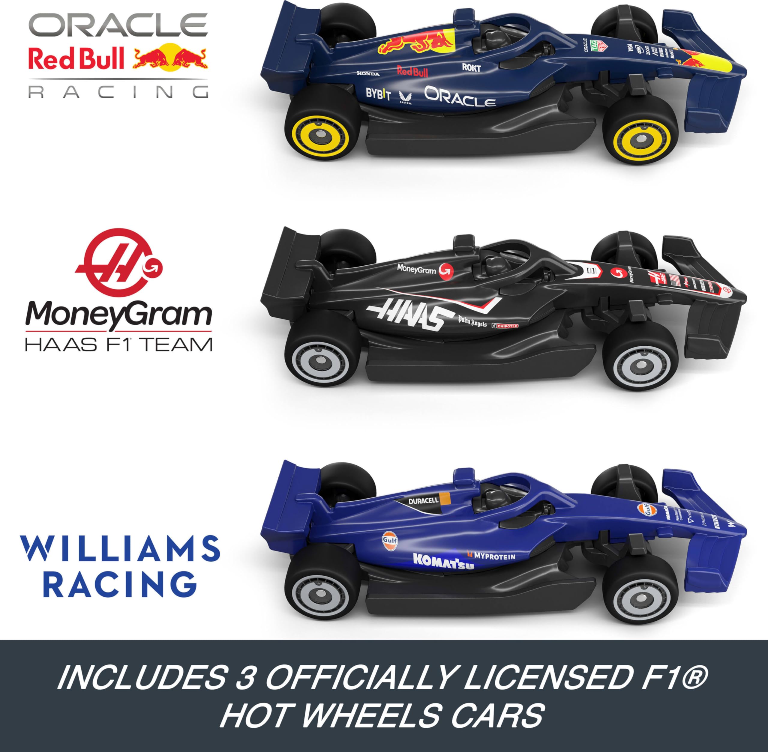 Hot Wheels Toy Car Track Set, Formula 1 Grand Prix Circuit Track Set with 3 1:64 Scale Die-Cast Toy Cars, Two Modes of Racing with a Motorized Booster