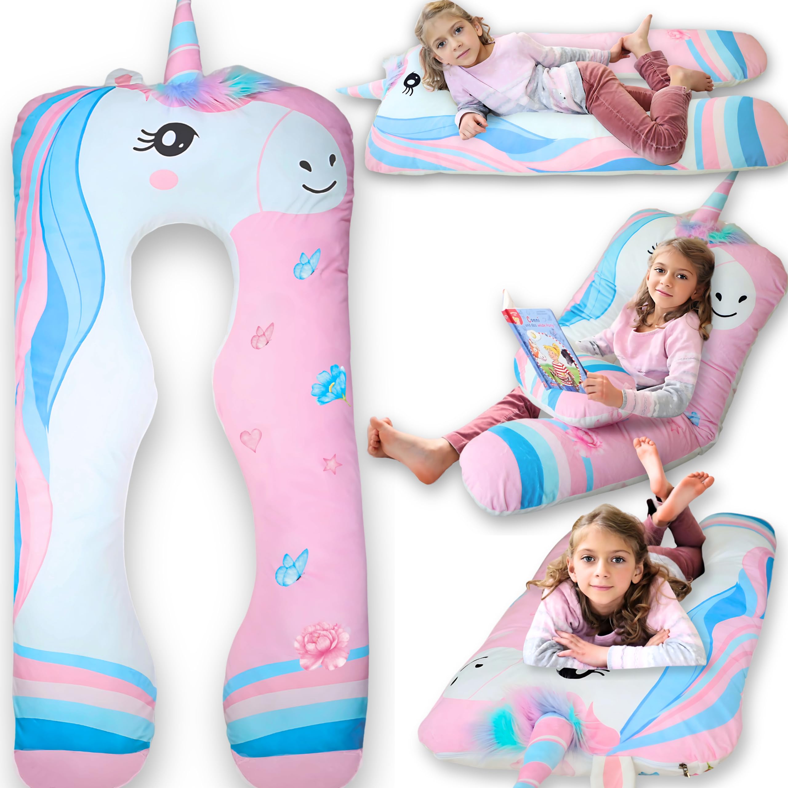 LUNAMIRA Unicorn Kids Body Pillow - 47" U-Shape Long Plush Soft Animal Pillow for Toddlers, Sleeping, Reading, ADHD & Special Needs Comfort, Anxiety, Washable Cover, Snuggle Cuddle for Boys & Girls