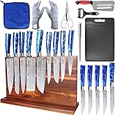 XYJ Kitchen Knife Block Set,Stainless Steel Knives Set with Magnetic Knife Block,Scissors,Gloves,Honing Steel,Japanese Style Paring Boning Steak Slicing Santoku Chef Knives,Resin Handle