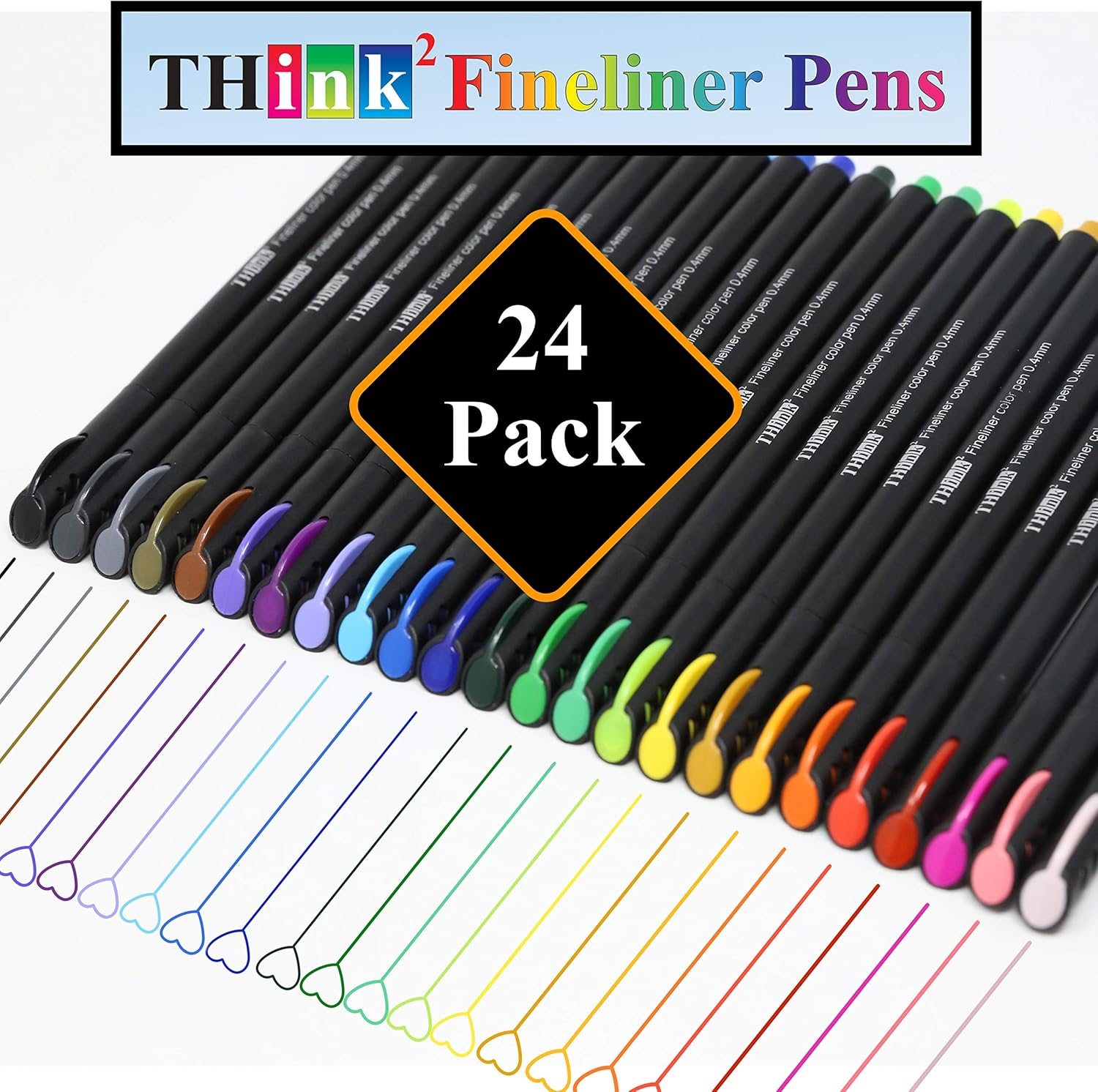 Think2 24 Fineliner Assorted Color Pens Set. 0.4 Extra Fine Tip is great for Bullet Journaling, Writing, Note Taking, Calendar, Coloring, Art, Scrapbook. Ideal for girls, kids, teens & adults : Office Products