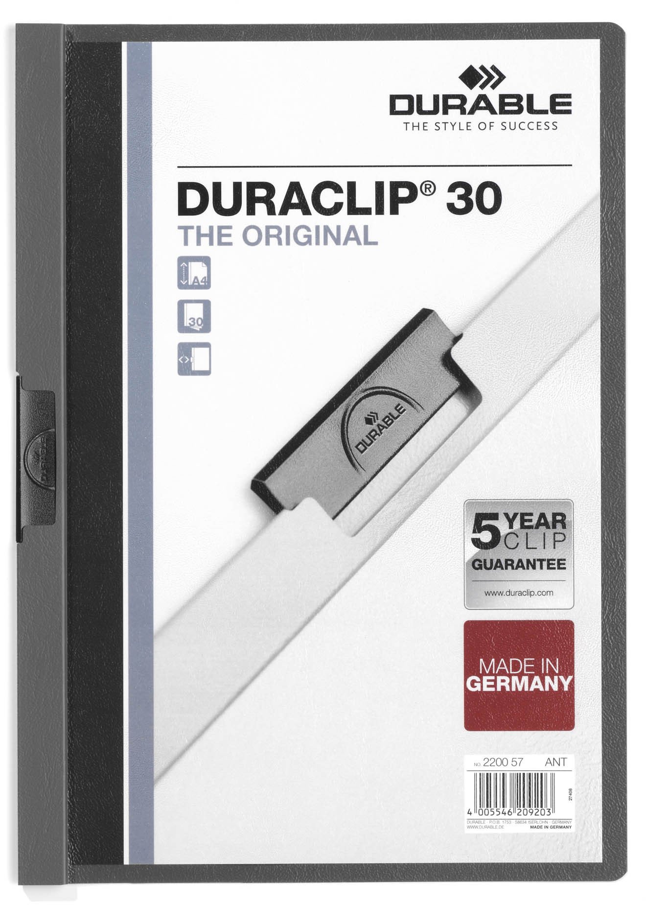 Durable DURACLIP 30 A4 Clip Folder - Holds Up to 30 Sheets of A4 Paper - Strong Metal Sprung Clip - Pack of 25 Anthracite Grey Colour Folders for Organising Documents