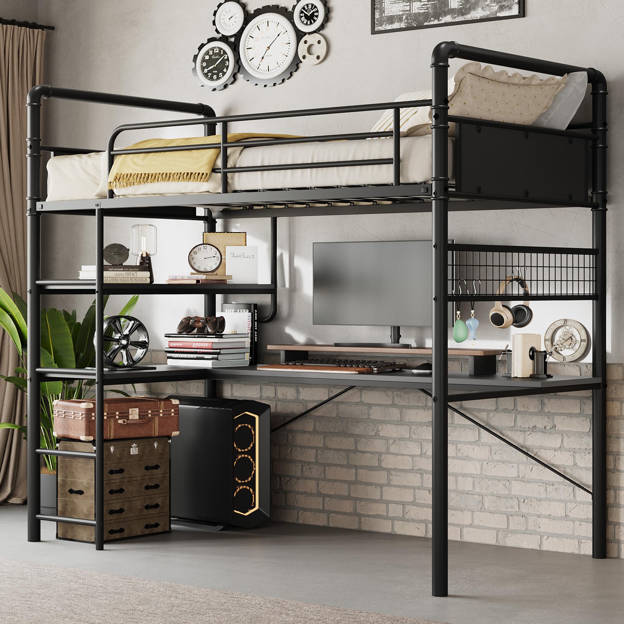 Photo 1 of ****SELLING AS PARTIAL SET. ONE BOX OF TWO**GarveeHome Loft Bunk Bed with L-Shaped Desk, Twin Loft Bed with Desk Underneath, Metal Bunk Beds with High Guardrail and Ladder for Kids/Teens/Adults, Easy Assembly, Vintage Black