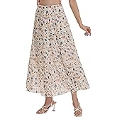 Women Coastal Cowgirl Flowy Maxi Skirts - Boho Summer Chiffon Floral High Waist Pleated A-Line Flared Long Skirt
