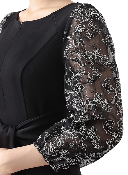 VFSHOW WOMENS BLACK FLORAL EMBROIDERY COCKTAIL EVENING BISHOP SLEEVE TIE WAIST SLIM FRONT ZIPPER PARTY BODYCON PENCIL SHEATH DRESS 8680 BLK S
