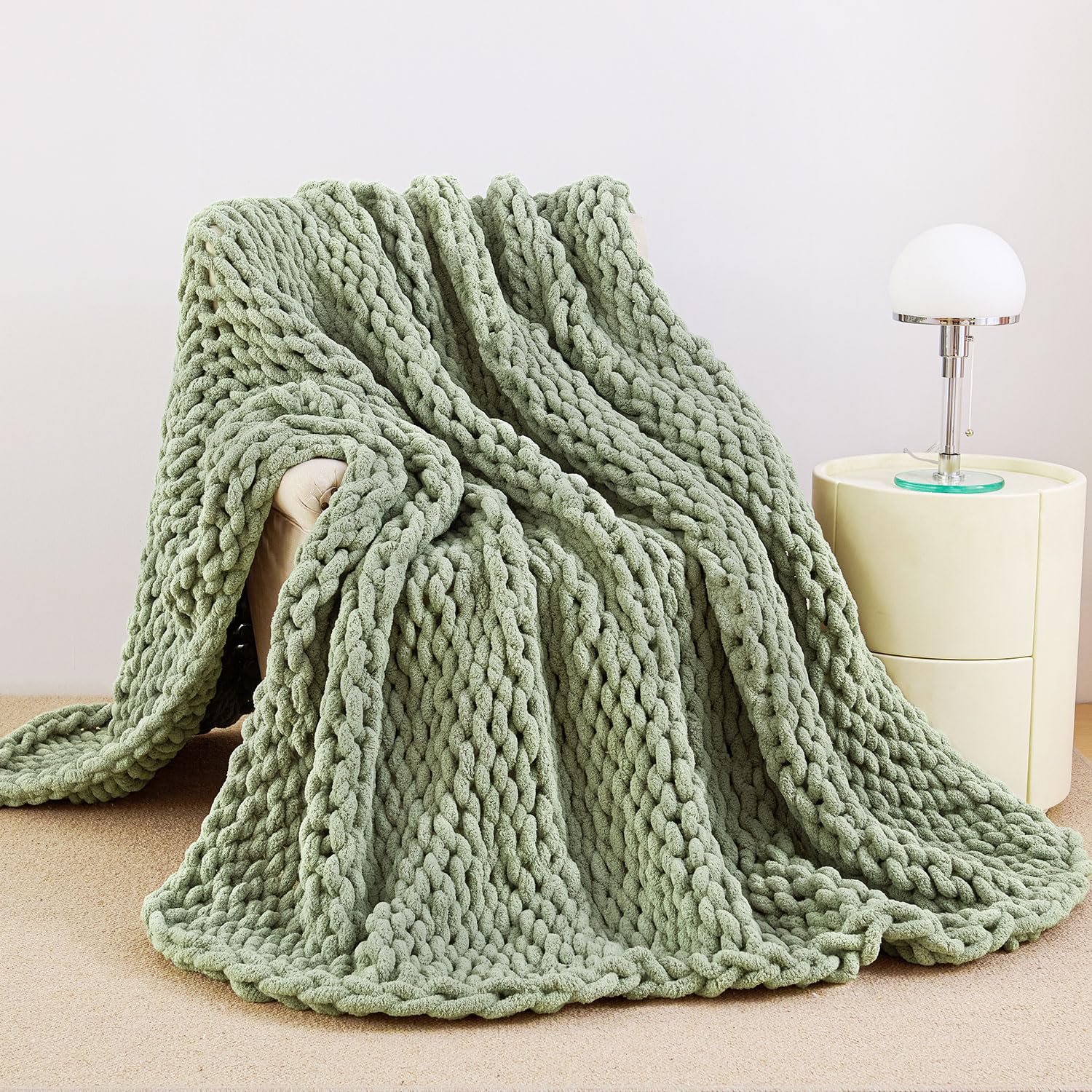 Photo 1 of Admitrack Chunky Knit Blanket Throw, 100% Hand Knit Chenille Throw Blanket for Sofa & Home Decor, Soft and Cozy Knitted Throw Blankets (Sage Green, 60""x80""), XNR010