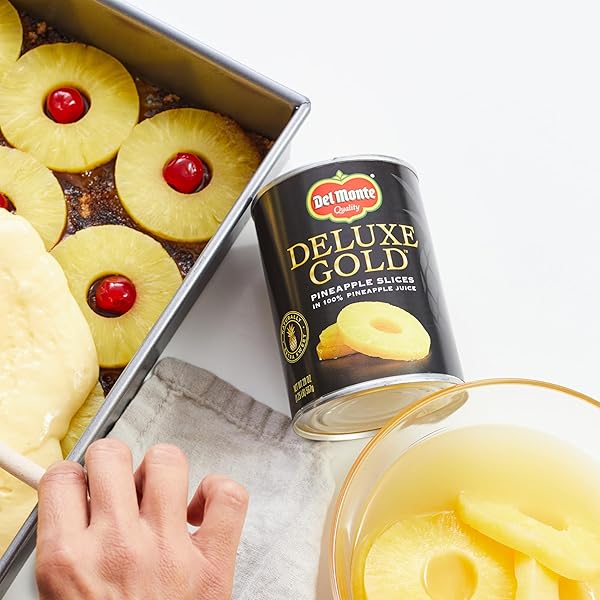 DEL MONTE DELUXE GOLD PINEAPPLE SLICES IN 100% PINEAPPLE JUICE, 20 OZ CAN, CANNED FRUIT