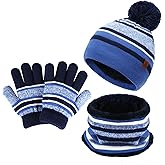 Kids Toddlers Winter Knit Warm Beanie Hat Scarf Gloves Set for Boys Girls Age 2-7, Pompom Cap Neck Warmer Gloves Fleece Lined