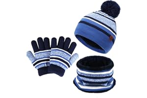 FZ FANTASTIC ZONE Kids Toddlers Winter Knit Warm Beanie Hat Scarf Gloves Set for Boys Girls Age 2-7, Pompom Cap Neck Warmer Gloves Fleece Lined