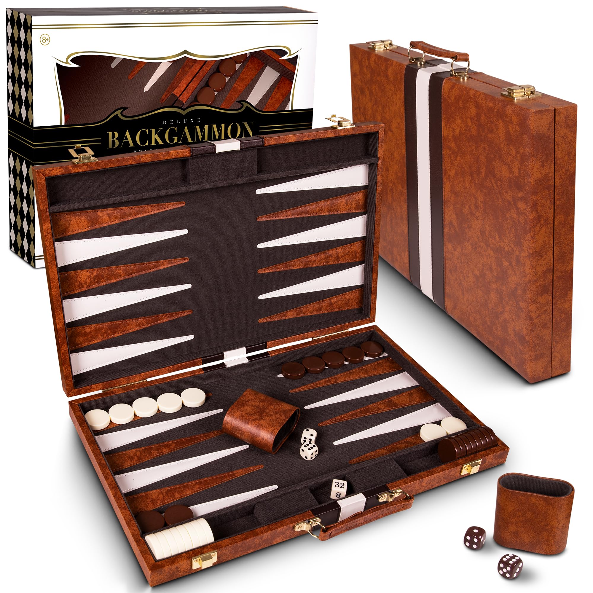 Premium Backgammon 15 Inches Medium Brown - Backgammon Sets for Adults and Kids - Leatherette Back Gammon Board Game Set - Travel Backgammon Set Board Encased with Accessories