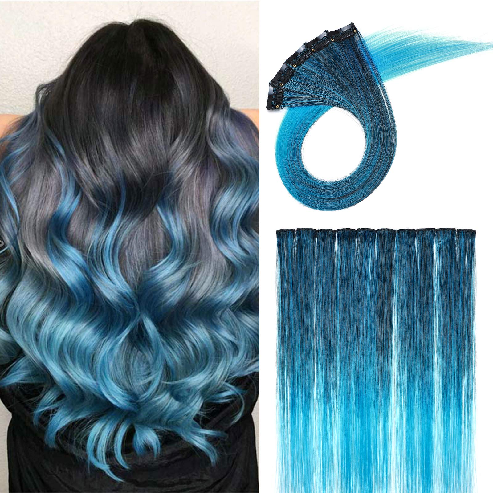 Silk-co 20 inch Ombre Coloured Clip in Hair Extensions Indigo-Blue 10 Pcs Clip on Hairpiece Party Highlights Hair Extension Straight Synthetic