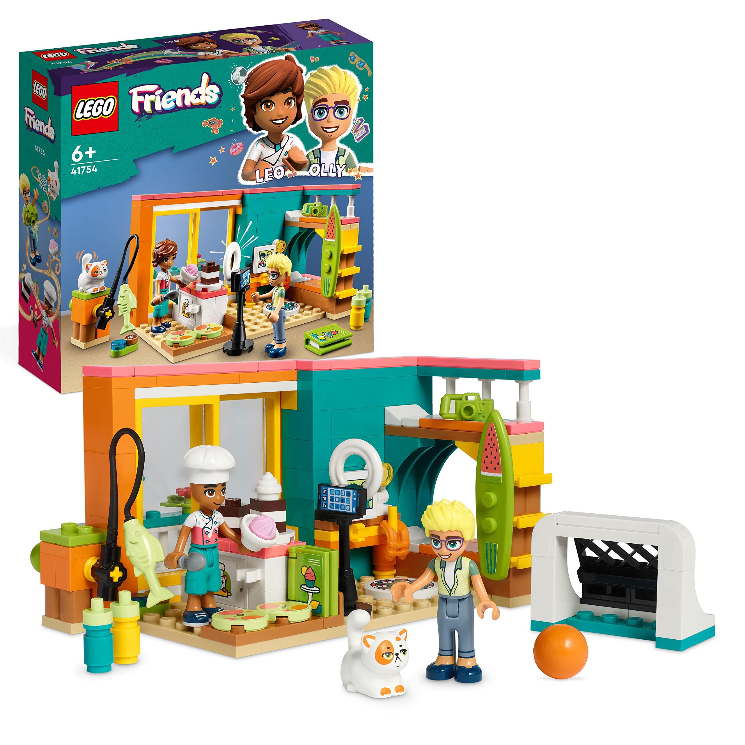LEGO Friends Leo's Room, Baking Themed Bedroom Playset, Collectible Toy for Kids, Girls and Boys with Olly Mini-Doll, Pet Cat & Accessories, Small Gift Idea, 2023 Characters 41754