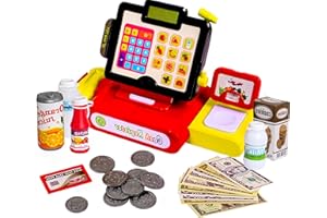Cash Register Pretend Play Toy Kids Grocery Store Set with Food, Money, Electric Lights, Calculator, and Sounds- 27 Piece Big Mo's Toys