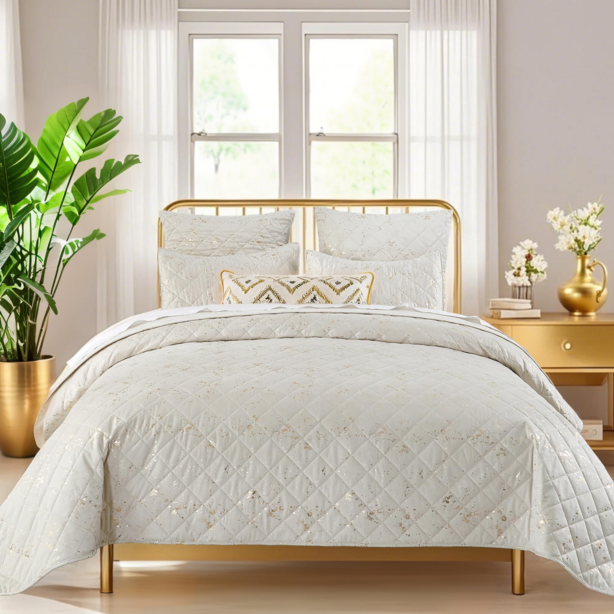 Photo 1 of Querencia Luxury Metallic Gold Velvet Quilt King Size - Foil Printing Ivory White Velvet Bedspread Coverlet, Quilted Comforter Set, Diamond Stitch Gold Bedding with 2 Pillow Shams (King/Cal King)