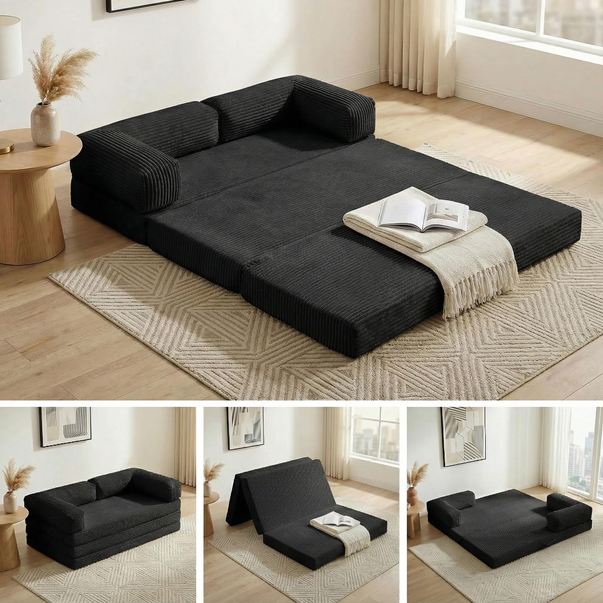 Photo 1 of Convertible Sofa Bed Queen,5-in-1 Tri-Fold Boneless Couch with Removable Armrests & Handle,Corduroy Futon Sleeper Sofa,Floor Folding Mattress Pull Out Bed for Small Space Apartment Living Room Bedroom
