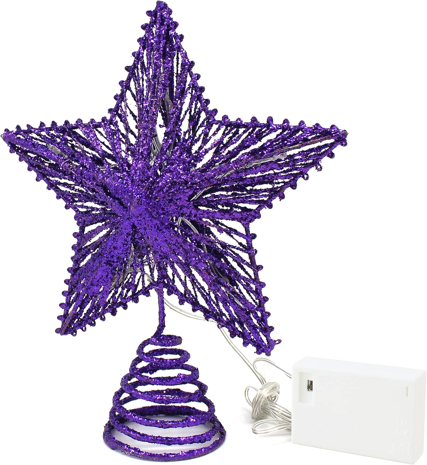 Tree Toppers - CVHOMEDECO. Purple Glittered 3D Tree Top Star with Warm White LED Lights and Timer for Christmas Tree Decoration and Holiday Seasonal Décor, 8 x 10 Inch