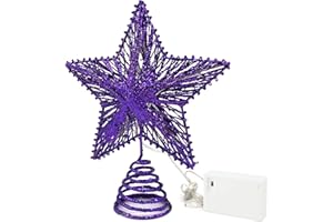 CVHOMEDECO. Purple Glittered 3D Tree Top Star with Warm White LED Lights and Timer for Christmas Tree Decoration and Holiday Seasonal Décor, 8 x 10 Inch