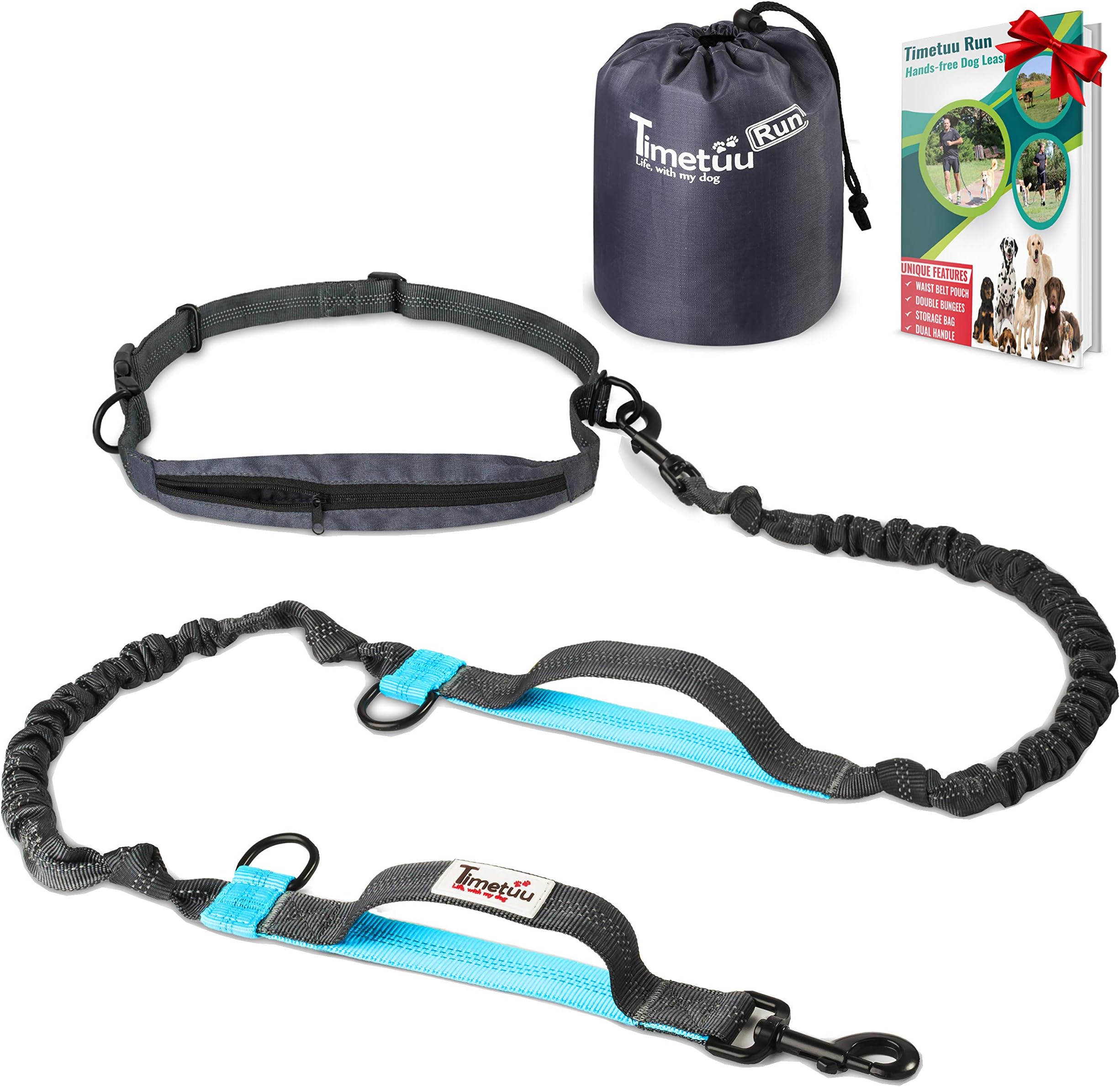 TimeTuu Hands Free Dog Leash – Dual Handle Walking & Running Leash – Two Reflective Elastic Bungees for Shock Absorption – Waist Belt Pouch to Store Poop Bags – for Medium to Large Dogs – Length 60”