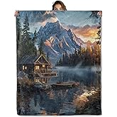 Mountain Cabin Blanket 50x60 in, Flannel Throw Blankets for Travel Camping Sofa Living Room Decor, Lightweight Cozy Soft Fuzzy Gifts for Women Adults Kids