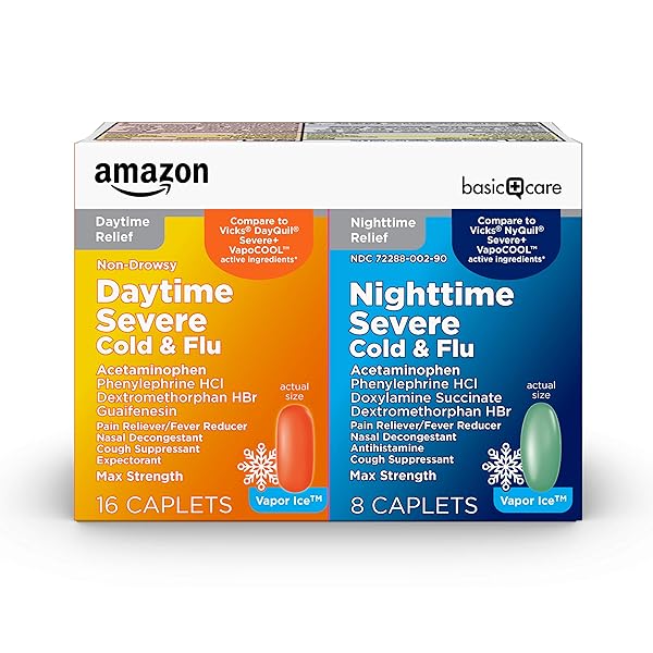 AMAZON BASIC CARE VAPOR ICE DAYTIME AND NIGHTTIME SEVERE COLD AND FLU, MULTI-SYMPTOM RELIEF FOR COUGH, SORE THROAT, NASAL CONGESTION, MAXIMUM STRENGTH COATED CAPLETS, COMBO PACK, 24 COUNT