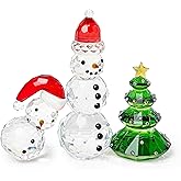 QFkris Set of 3 Crystal Snowman and Tree Figurines, Crystal Christmas Tree Figurine, Small Glass Snowman Decor, Paperweight for Tabletop