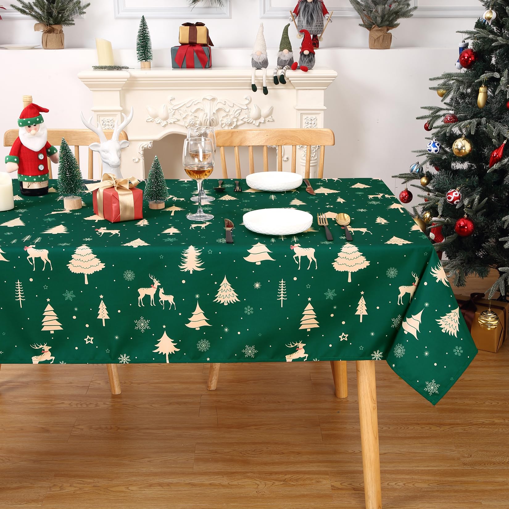 JOLLYTOP Tablecloth Christmas Table Decoration Waterproof Table Cloth with Deer Xmas Tablecover Washable Table Cover for Party Dinner Kitchen,WxL 54"x54",Green