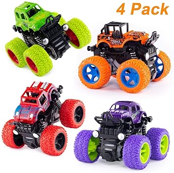 Sky Tech 4pc 4WD Mini Monster Trucks Friction Powered Cars for Kids Big Rubber Tires Baby Boys Super Cars Blaze Truck Children Gift Toys(Set of 4)