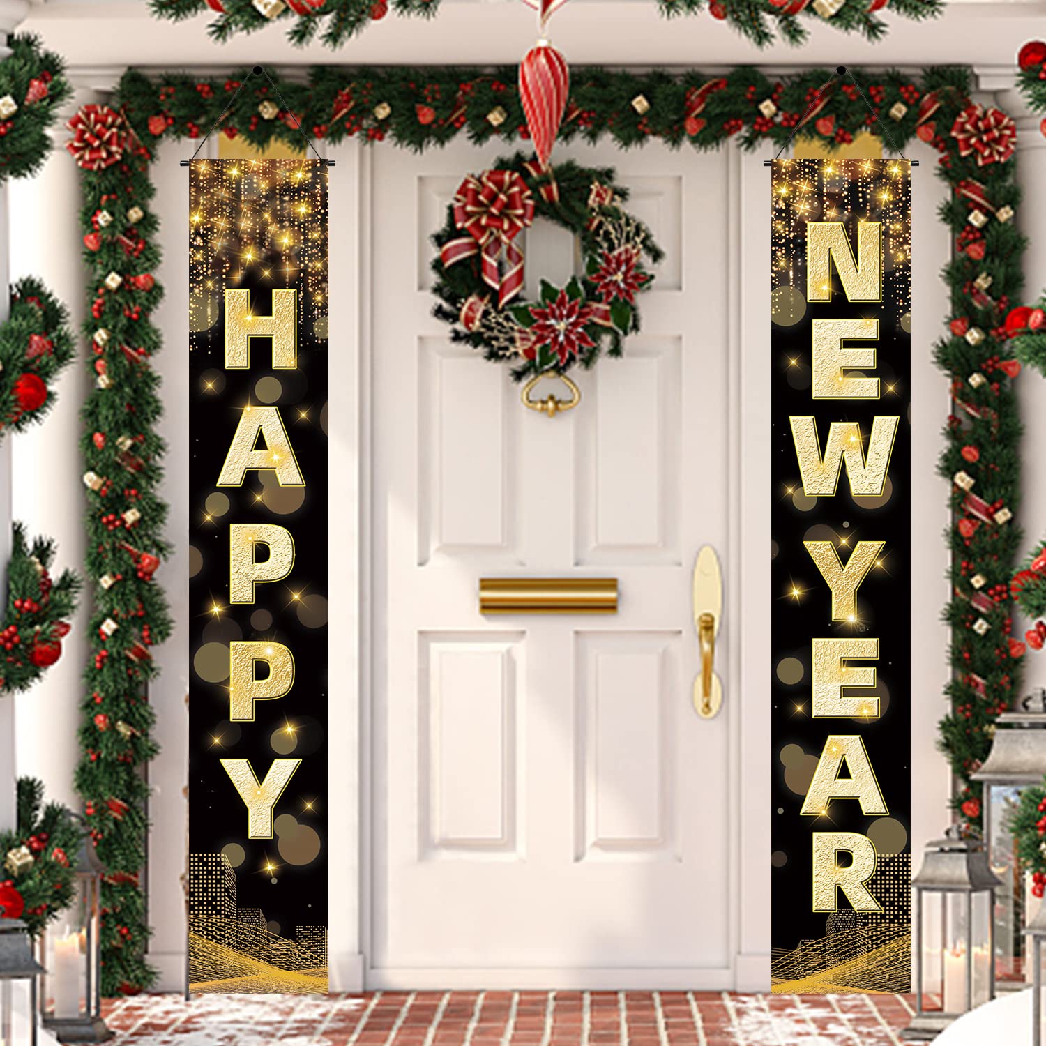 Photo 1 of *****4 PIECE****Labeol Happy New Year Banner, 72 x 12 Inch Large Front Door Porch Sign Hanging Banner Decorations New Years Eve Party Supplies 2025, Happy 2025 Decorations for Outdoor Indoor Home Wall