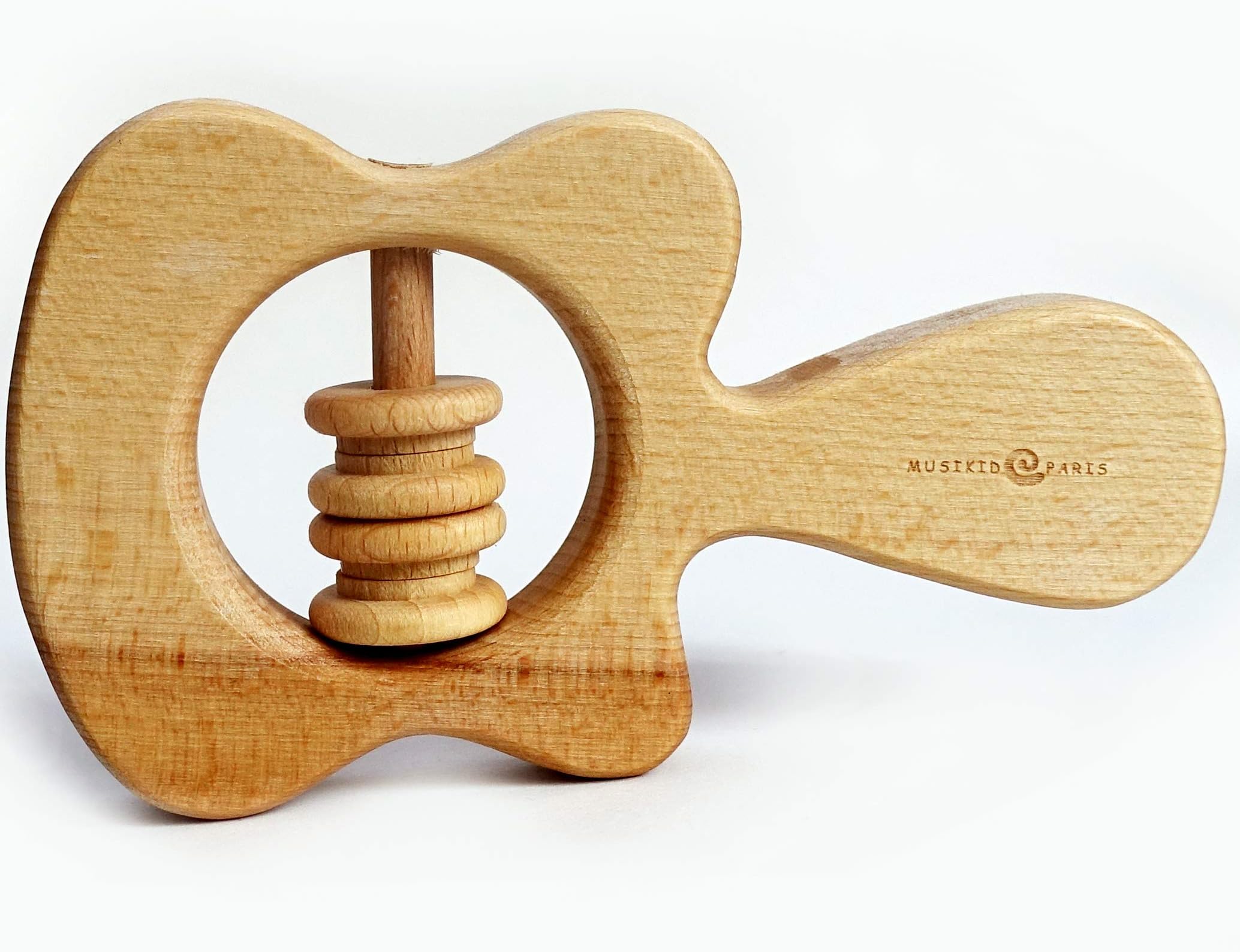 Guitar Kid teether 100% Beech Wood Naturally Dried + Organic Flax Oil. Made EU Teething Ring for Babies, Kids, New Born