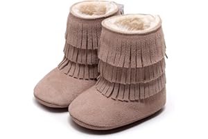 HONGTEYA Real Leather Fringe Baby Booties for Girls Boys Winter Warm Snow Boots with Tassels Hard Sole Fur Lined Toddler Moccasins Shoes