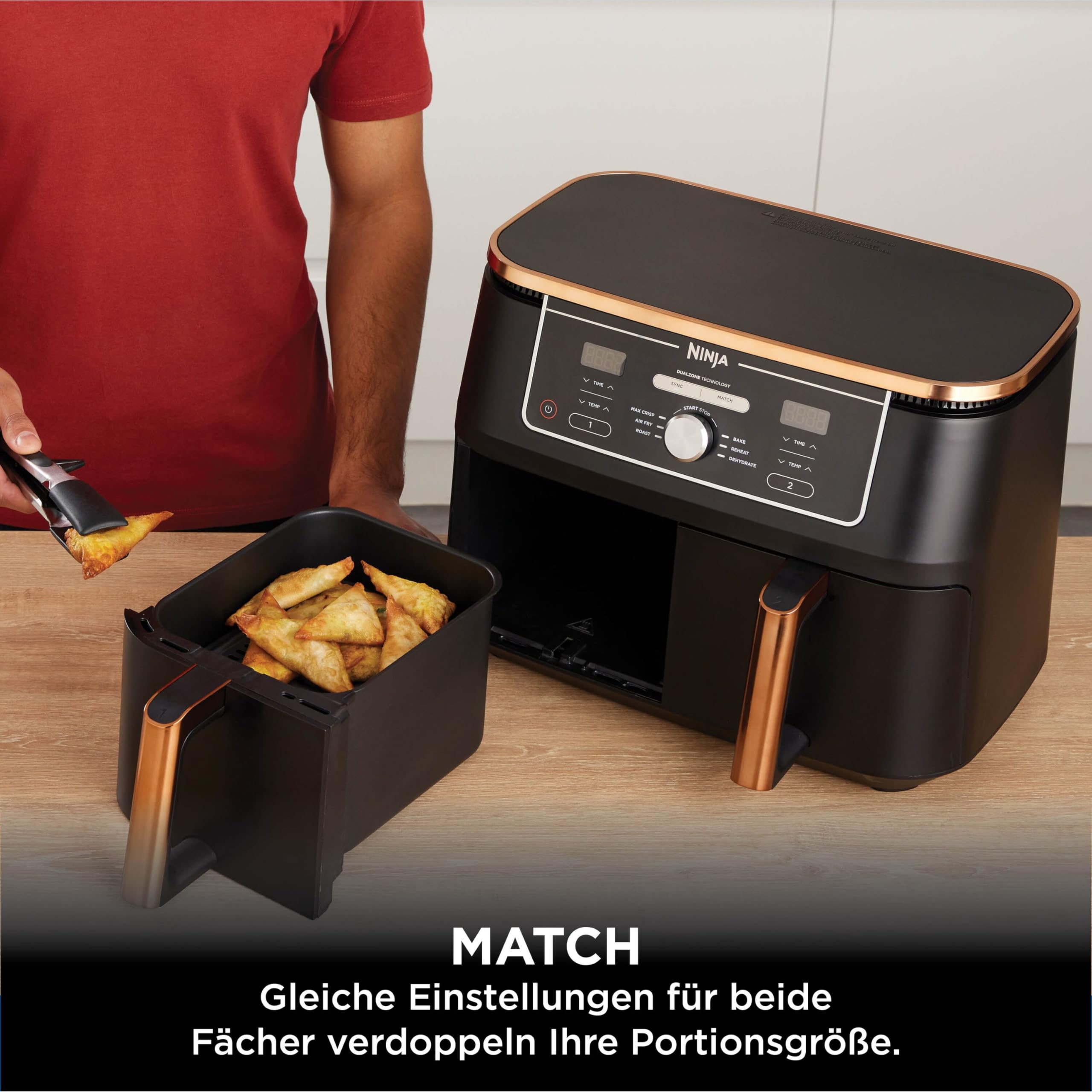 Ninja Foodi MAX Dual Zone Heißluftfritteuse, 9,5L Airfryer, 2 Fächer, mit Zange, Antihaftbeschichtung, spülmaschinenfeste Körbe, 6-in-1, Amazon Exklusiv, Kupfer/Schwarz, AF400EUCP 6