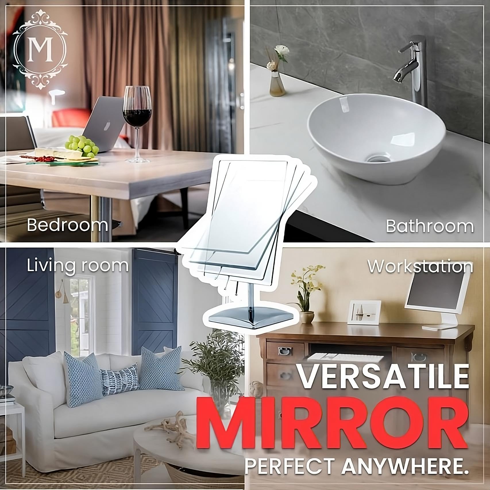 MIRRORVANA Large Table Desk Mirror with Stand for Office Desktop, Makeup Vanity and Bathroom Countertop - Personal Adjustable Face Mirror - 9.8