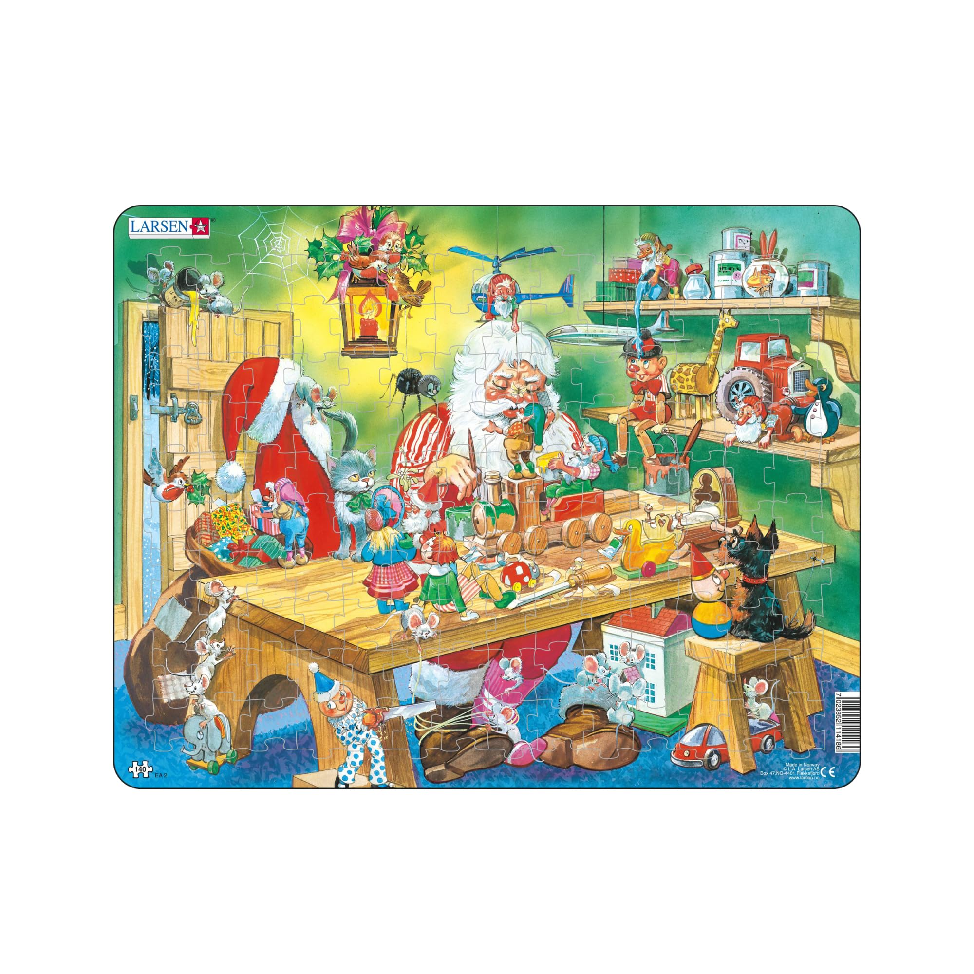 Larsen Puzzles EA2 Santa’s Workshop Jigsaw Puzzle 140 Pieces - Father Christmas Puzzle for Kids Ages 3+, Educational Holiday Puzzle with Tray & Frame - Festive Gift for Children