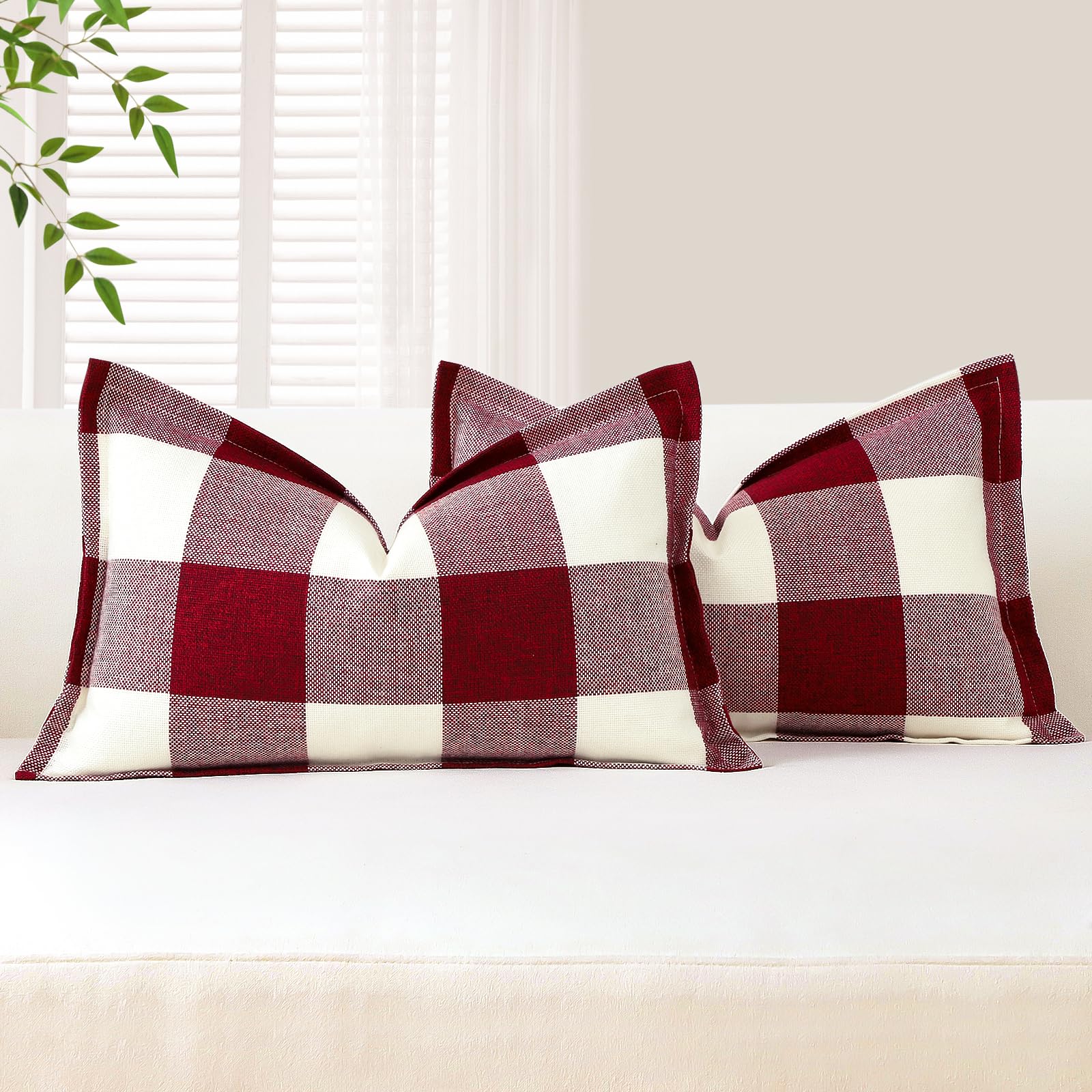 Sungeek Buffalo Check Plaid Cushion Covers 30 x 50 Set of 2 Linen Christmas Tartan Decorative Lumbar Pillow Covers with Stitched Edge for Sofa Couch Bed Living Room 12x20 Inch (White and Red)